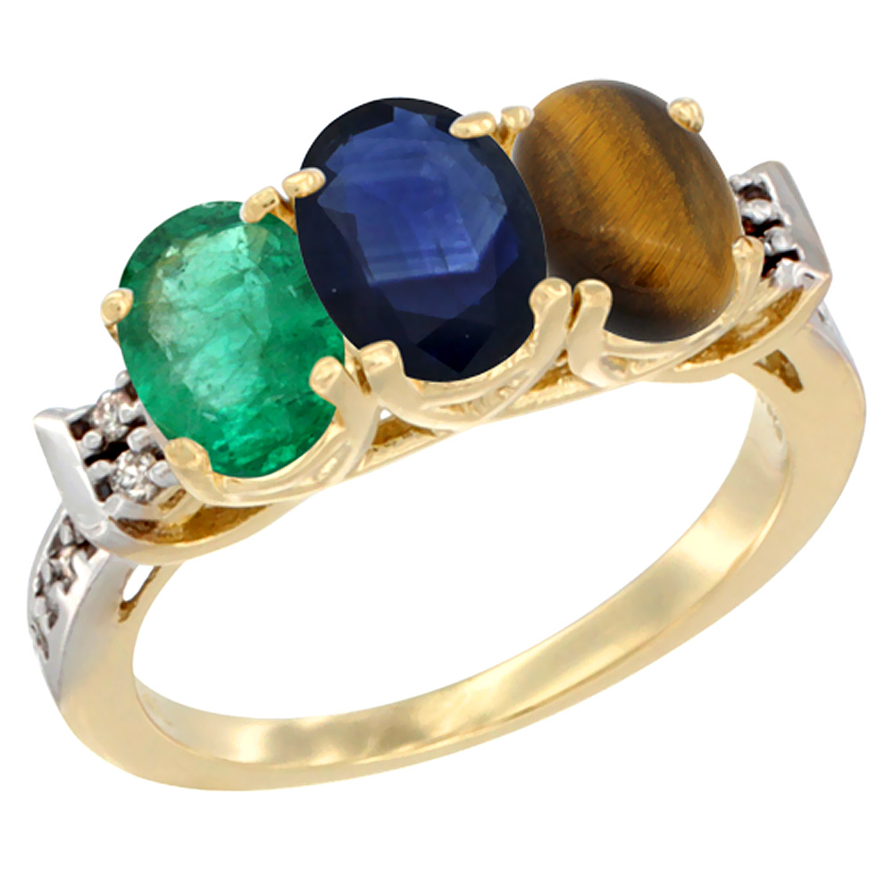 14K Yellow Gold Natural Emerald, Blue Sapphire & Tiger Eye Ring 3-Stone Oval 7x5 mm Diamond Accent, sizes 5 - 10
