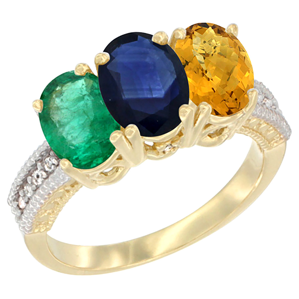 10K Yellow Gold Diamond Natural Emerald, Blue Sapphire & Whisky Quartz Ring 3-Stone 7x5 mm Oval, sizes 5 - 10