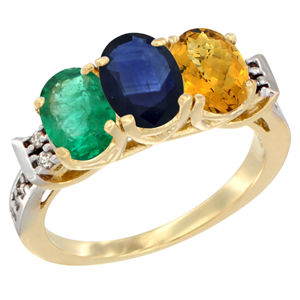14K Yellow Gold Natural Emerald, Blue Sapphire &amp; Whisky Quartz Ring 3-Stone Oval 7x5 mm Diamond Accent, sizes 5 - 10