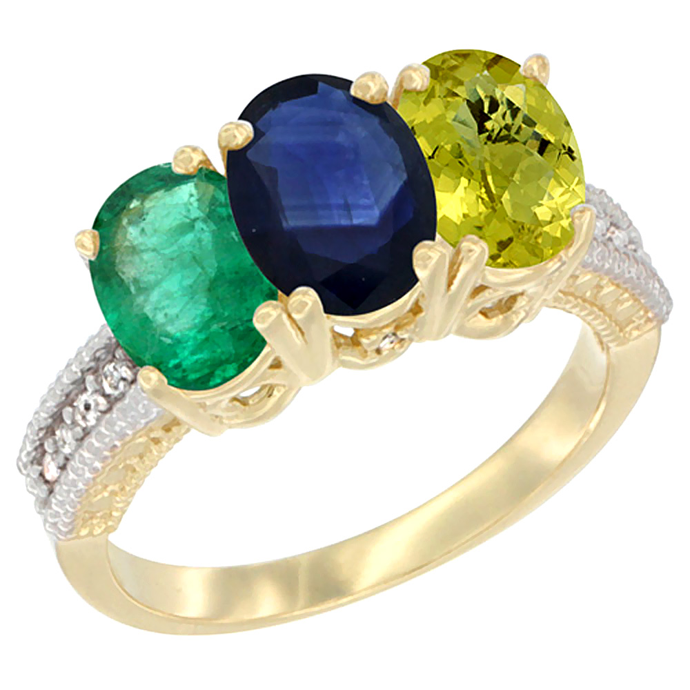14K Yellow Gold Natural Emerald, Blue Sapphire &amp; Lemon Quartz Ring 3-Stone 7x5 mm Oval Diamond Accent, sizes 5 - 10