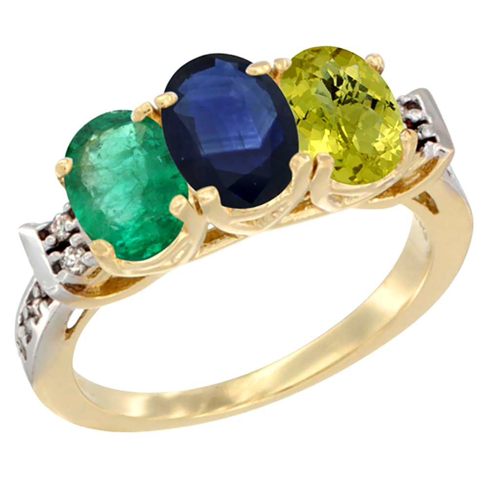 14K Yellow Gold Natural Emerald, Blue Sapphire & Lemon Quartz Ring 3-Stone Oval 7x5 mm Diamond Accent, sizes 5 - 10