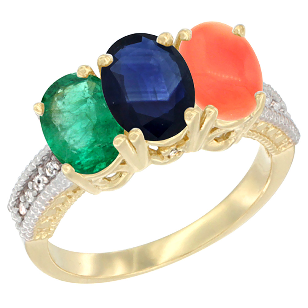 10K Yellow Gold Diamond Natural Emerald, Blue Sapphire &amp; Coral Ring 3-Stone 7x5 mm Oval, sizes 5 - 10