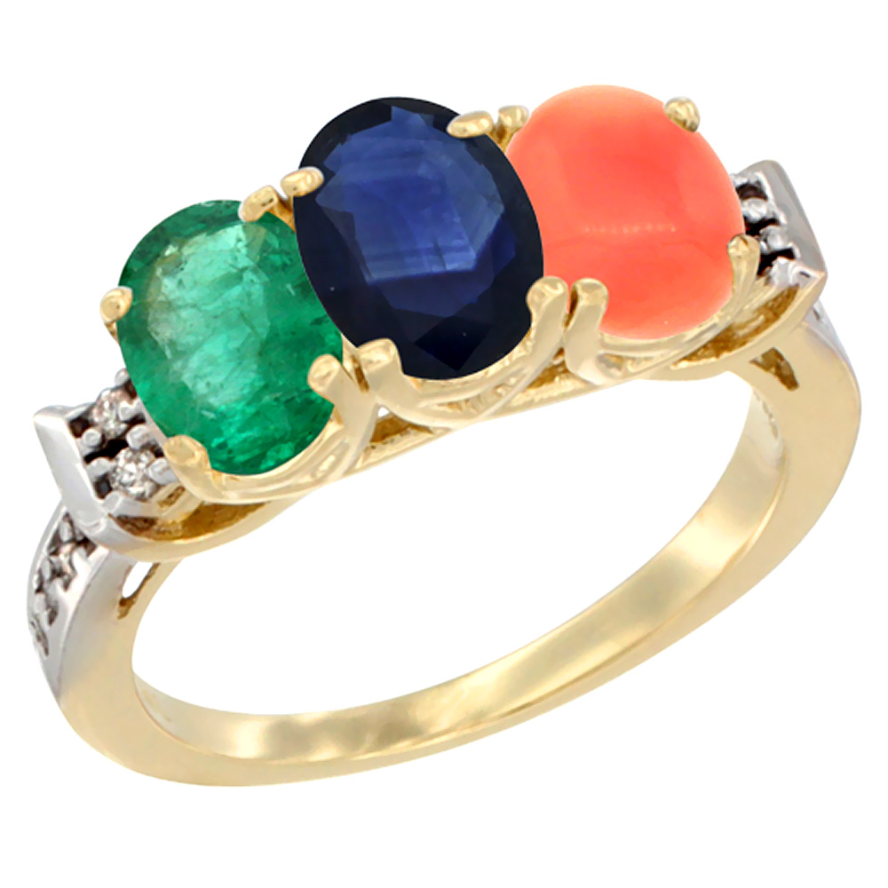 14K Yellow Gold Natural Emerald, Blue Sapphire & Coral Ring 3-Stone Oval 7x5 mm Diamond Accent, sizes 5 - 10