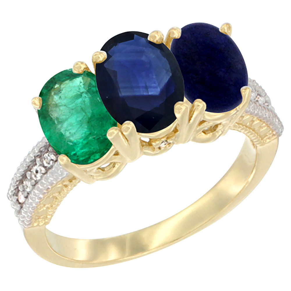 10K Yellow Gold Diamond Natural Emerald, Blue Sapphire &amp; Lapis Ring 3-Stone 7x5 mm Oval, sizes 5 - 10