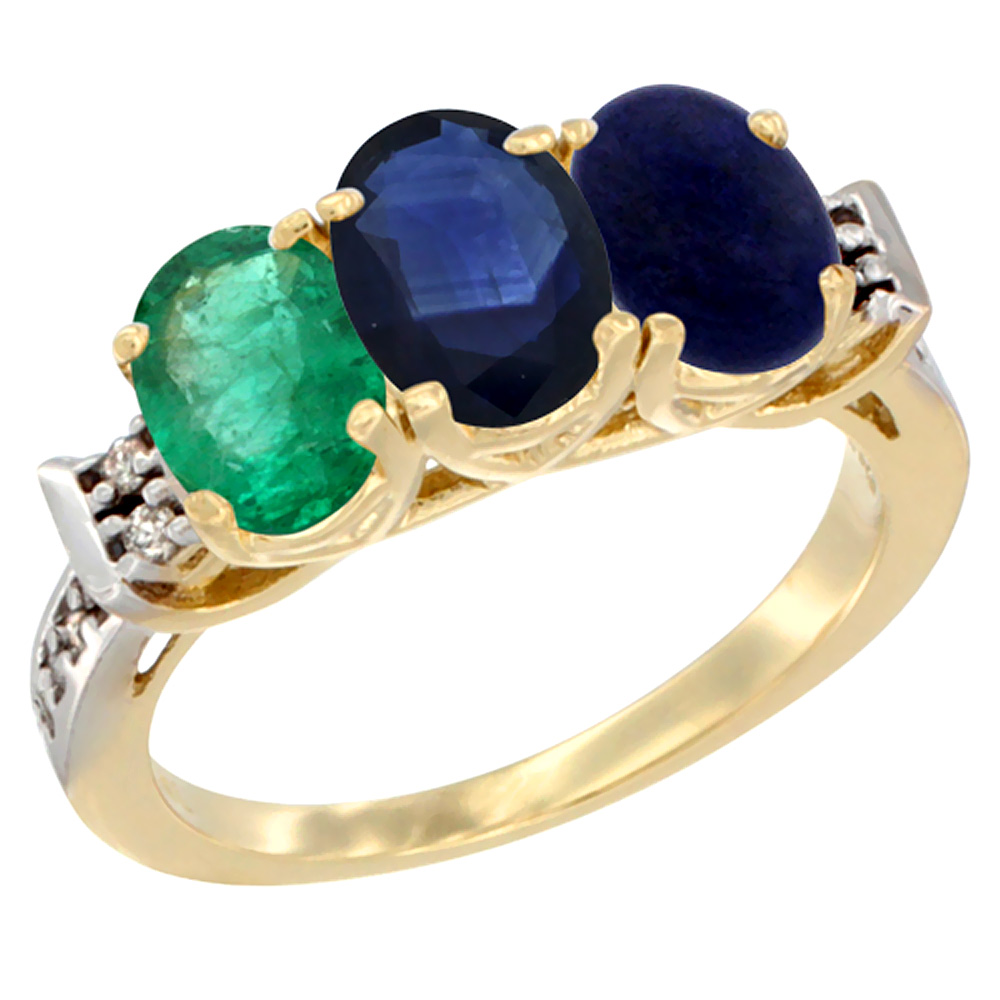 10K Yellow Gold Natural Emerald, Blue Sapphire & Lapis Ring 3-Stone Oval 7x5 mm Diamond Accent, sizes 5 - 10