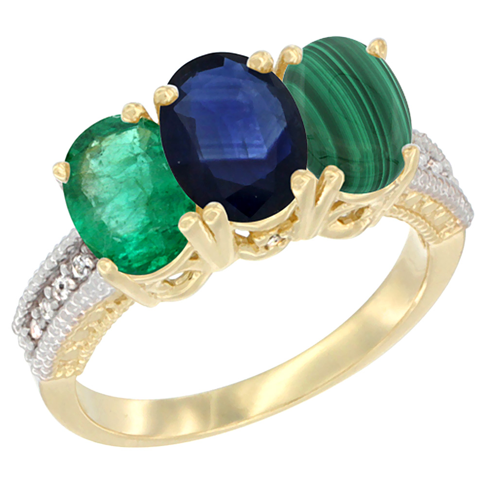 10K Yellow Gold Diamond Natural Emerald, Blue Sapphire & Malachite Ring 3-Stone 7x5 mm Oval, sizes 5 - 10