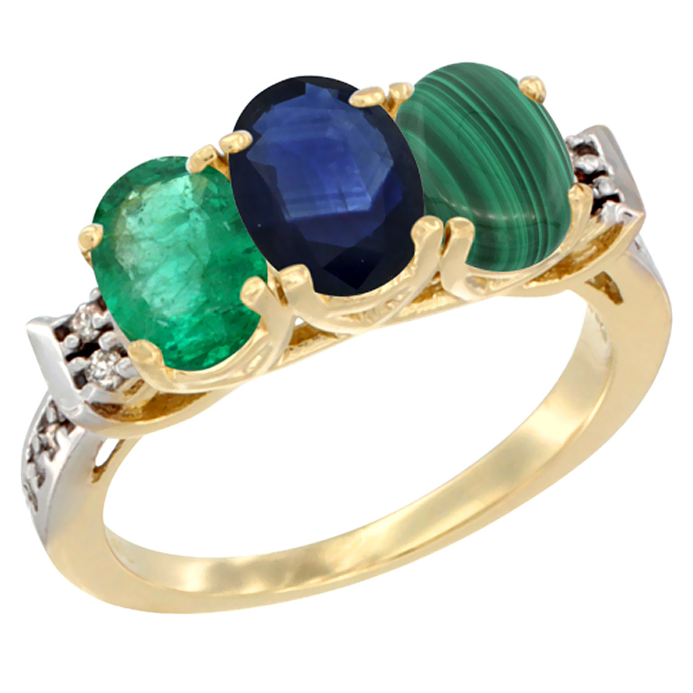 10K Yellow Gold Natural Emerald, Blue Sapphire &amp; Malachite Ring 3-Stone Oval 7x5 mm Diamond Accent, sizes 5 - 10