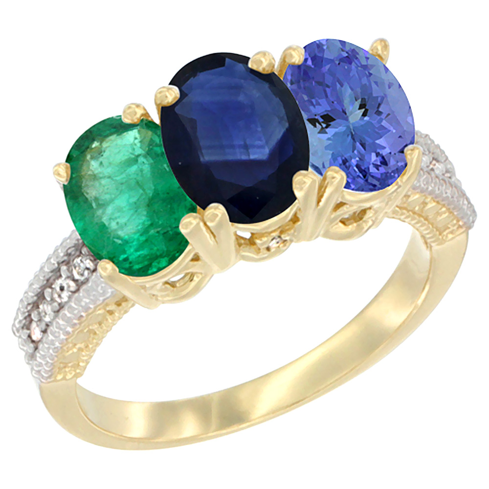 10K Yellow Gold Diamond Natural Emerald, Blue Sapphire & Tanzanite Ring 3-Stone 7x5 mm Oval, sizes 5 - 10