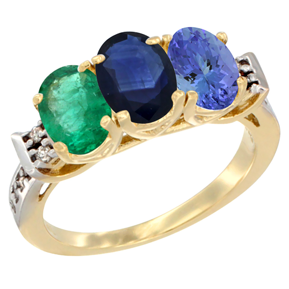 10K Yellow Gold Natural Emerald, Blue Sapphire & Tanzanite Ring 3-Stone Oval 7x5 mm Diamond Accent, sizes 5 - 10