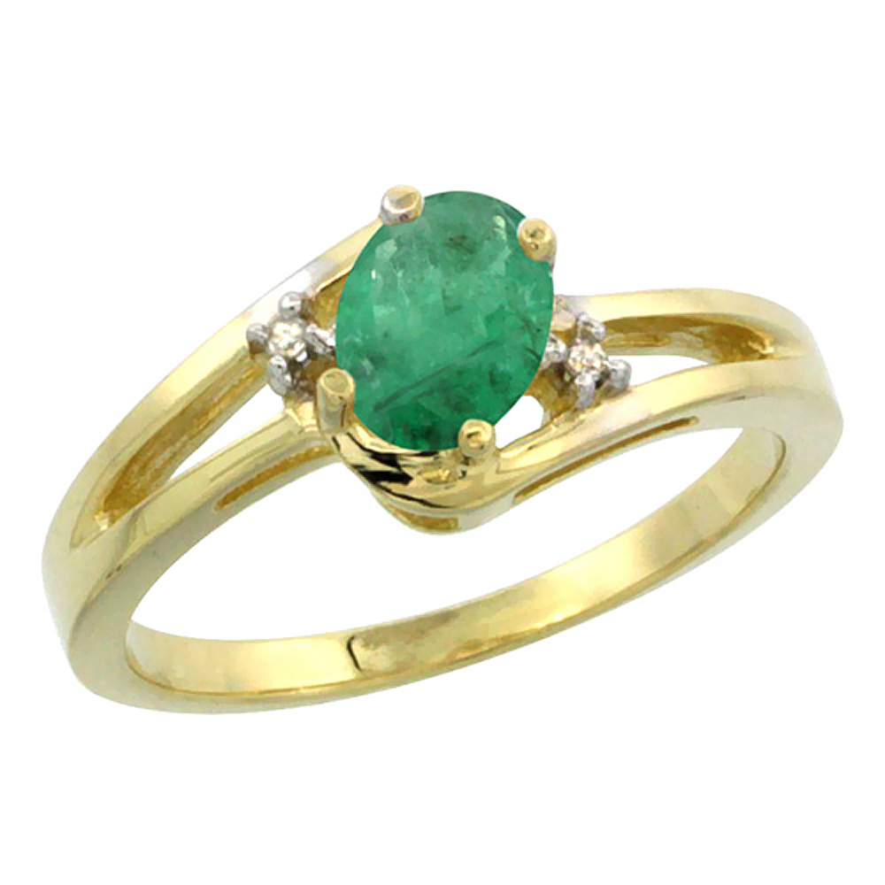 14K Yellow Gold Diamond Natural Emerald Ring Oval 6x4 mm, sizes 5-10