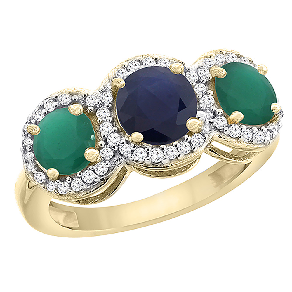 14K Yellow Gold Natural High Quality Blue Sapphire &amp; Emerald Sides Round 3-stone Ring Diamond Accents, sizes 5 - 10
