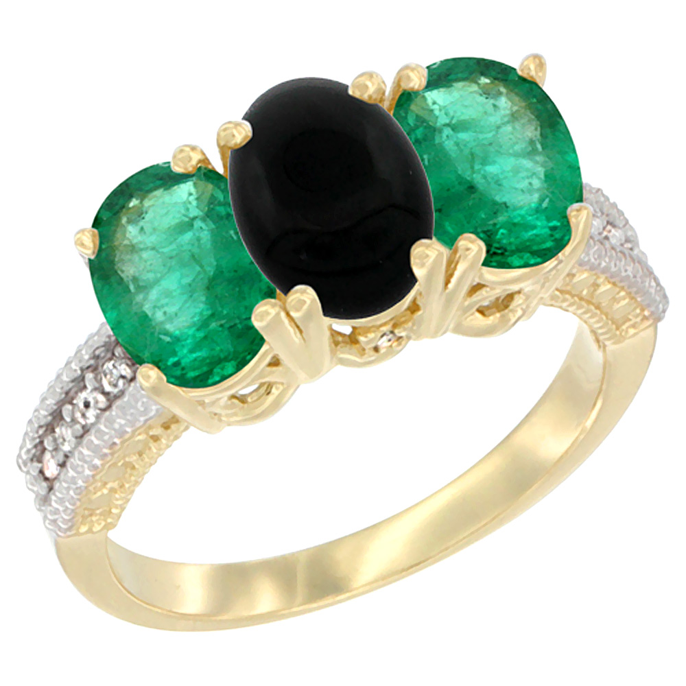 14K Yellow Gold Natural Black Onyx &amp; Emerald Sides Ring 3-Stone 7x5 mm Oval Diamond Accent, sizes 5 - 10