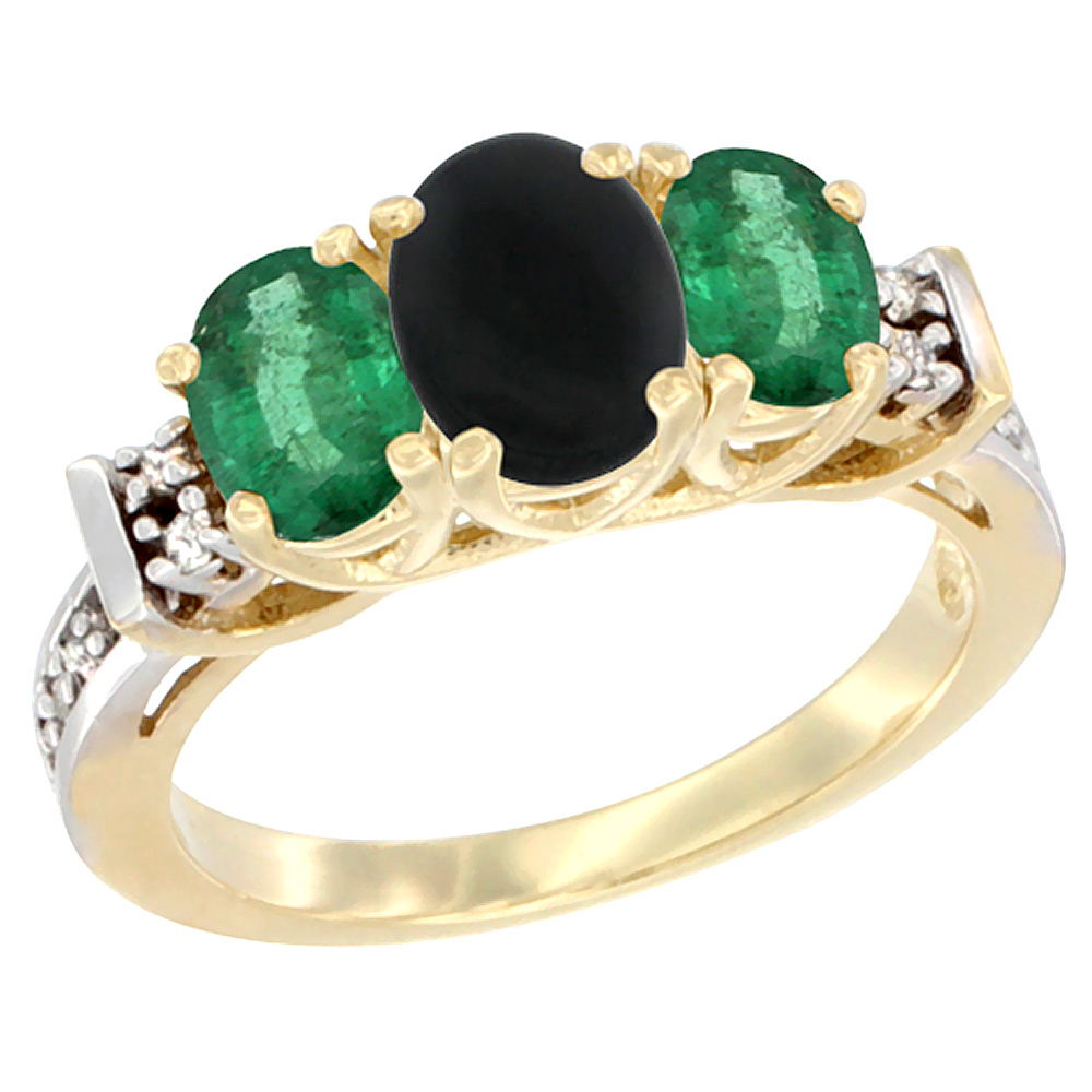 14K Yellow Gold Natural Black Onyx & Emerald Ring 3-Stone Oval Diamond Accent