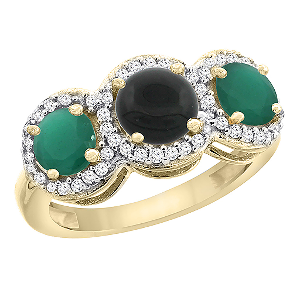 10K Yellow Gold Natural Black Onyx &amp; Emerald Sides Round 3-stone Ring Diamond Accents, sizes 5 - 10