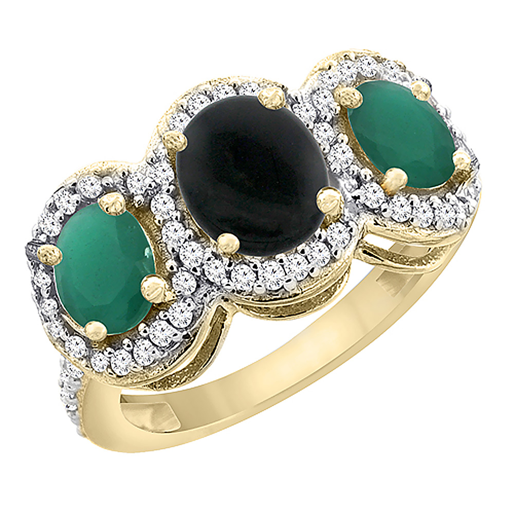 14K Yellow Gold Natural Black Onyx &amp; Emerald 3-Stone Ring Oval Diamond Accent, sizes 5 - 10