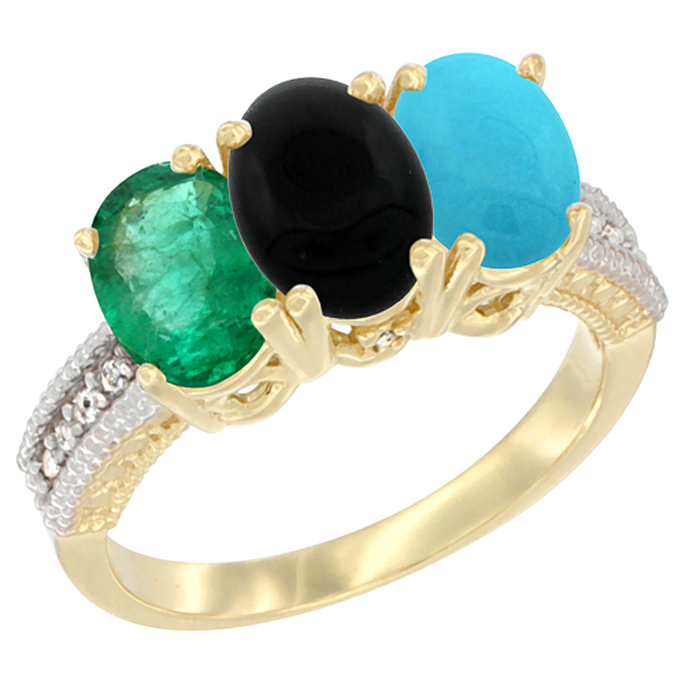 10K Yellow Gold Diamond Natural Emerald, Black Onyx & Turquoise Ring 3-Stone 7x5 mm Oval, sizes 5 - 10