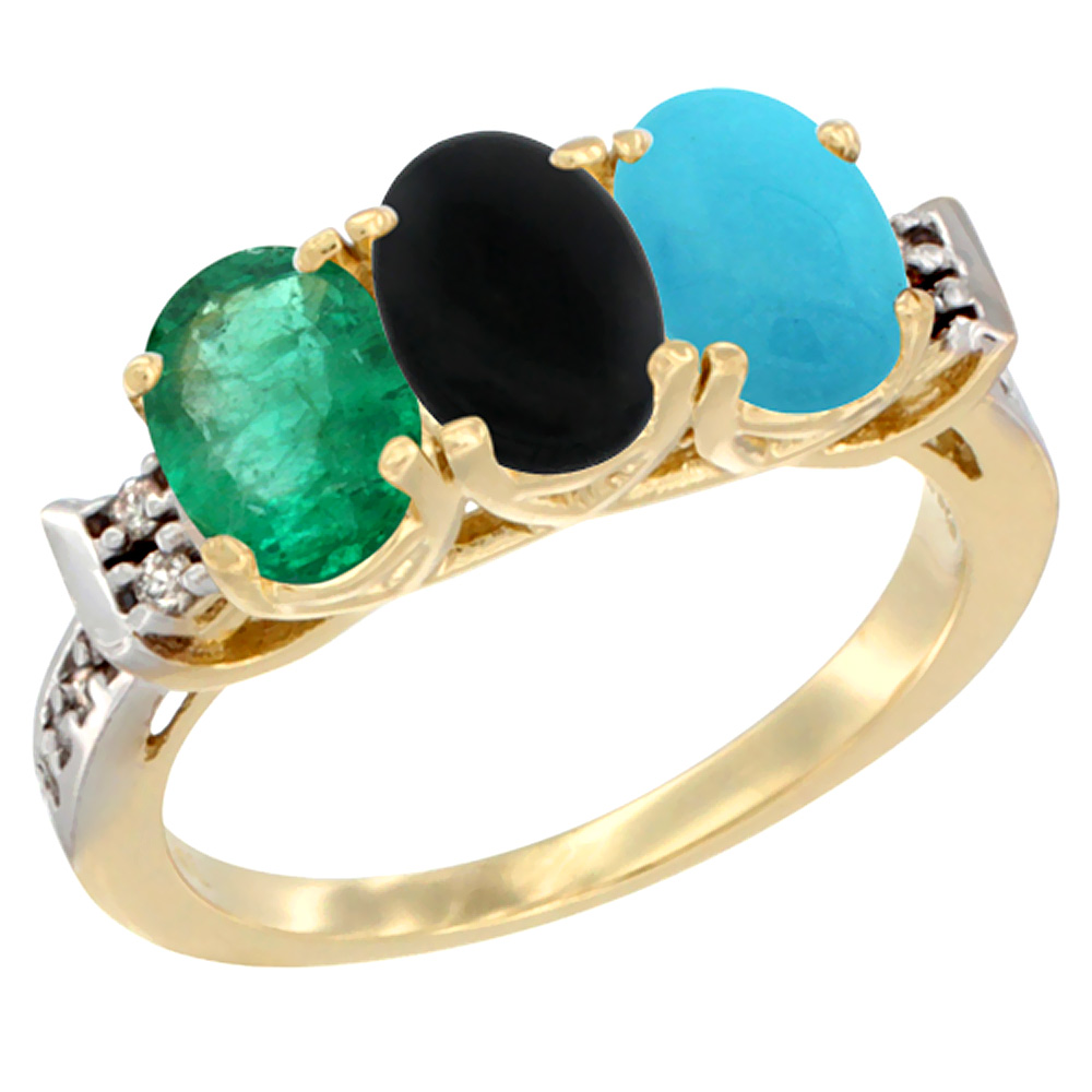 14K Yellow Gold Natural Emerald, Black Onyx &amp; Turquoise Ring 3-Stone Oval 7x5 mm Diamond Accent, sizes 5 - 10