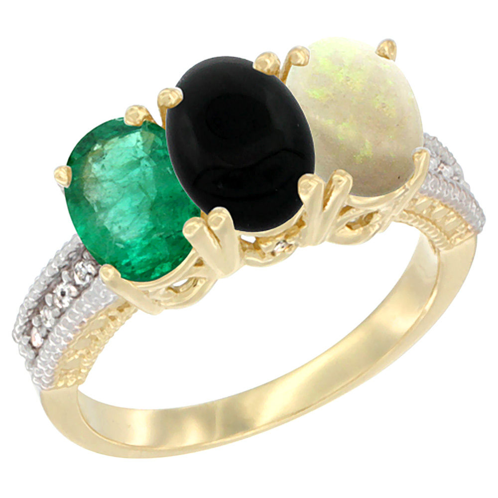 10K Yellow Gold Diamond Natural Emerald, Black Onyx & Opal Ring 3-Stone 7x5 mm Oval, sizes 5 - 10