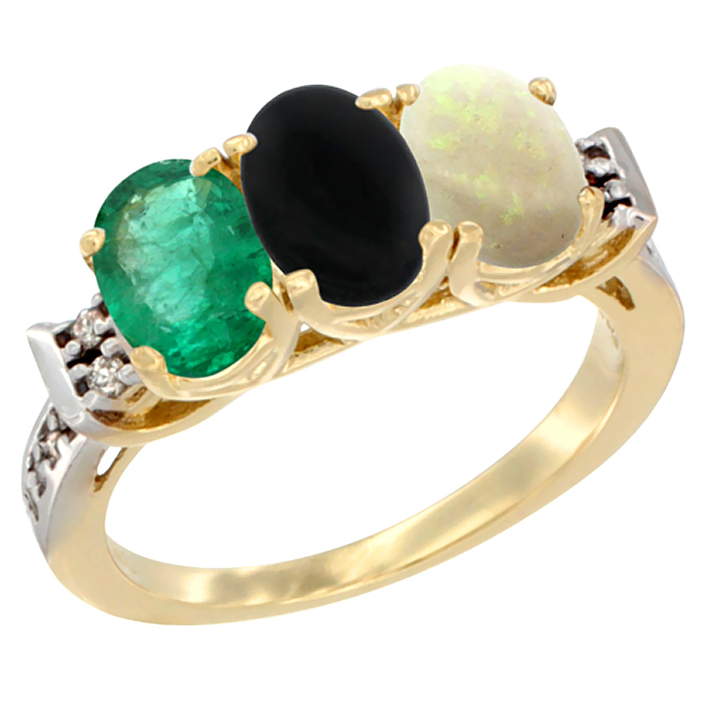 14K Yellow Gold Natural Emerald, Black Onyx & Opal Ring 3-Stone Oval 7x5 mm Diamond Accent, sizes 5 - 10