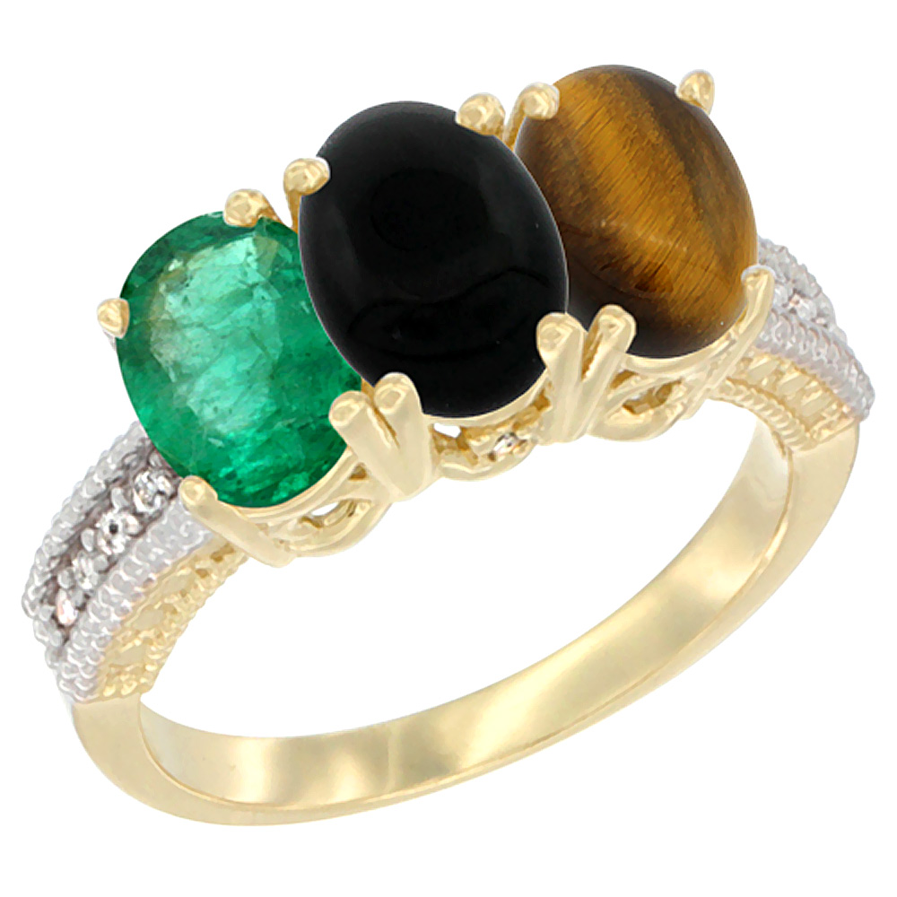 10K Yellow Gold Diamond Natural Emerald, Black Onyx & Tiger Eye Ring 3-Stone 7x5 mm Oval, sizes 5 - 10