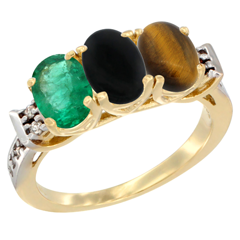 14K Yellow Gold Natural Emerald, Black Onyx &amp; Tiger Eye Ring 3-Stone Oval 7x5 mm Diamond Accent, sizes 5 - 10
