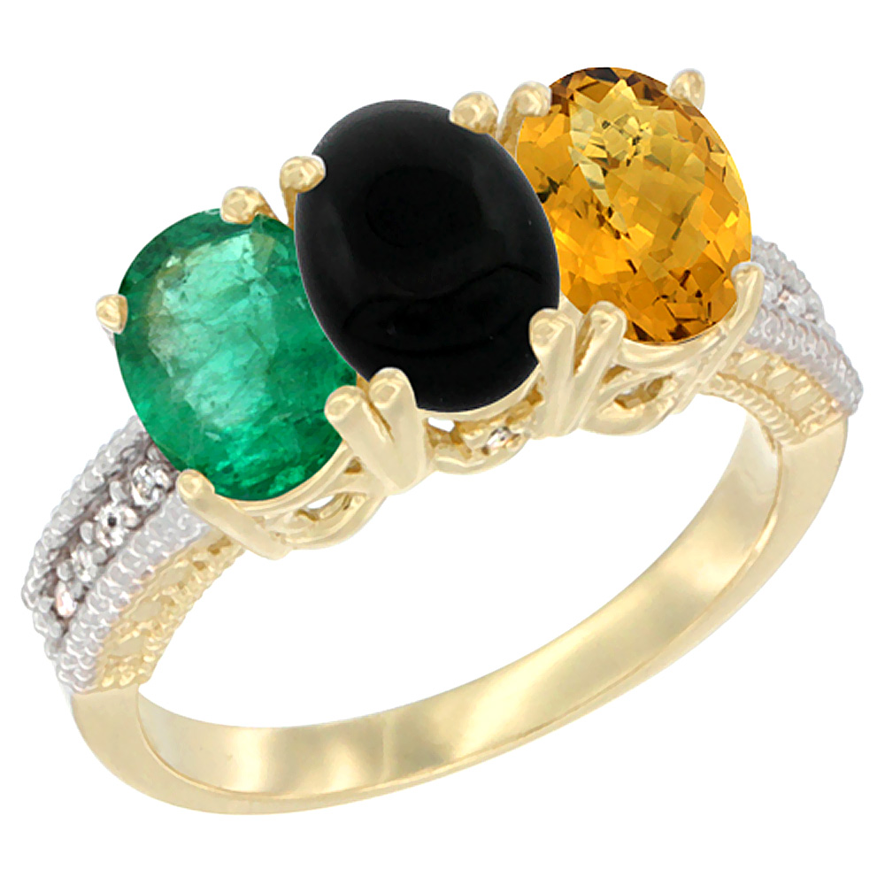 14K Yellow Gold Natural Emerald, Black Onyx &amp; Whisky Quartz Ring 3-Stone 7x5 mm Oval Diamond Accent, sizes 5 - 10