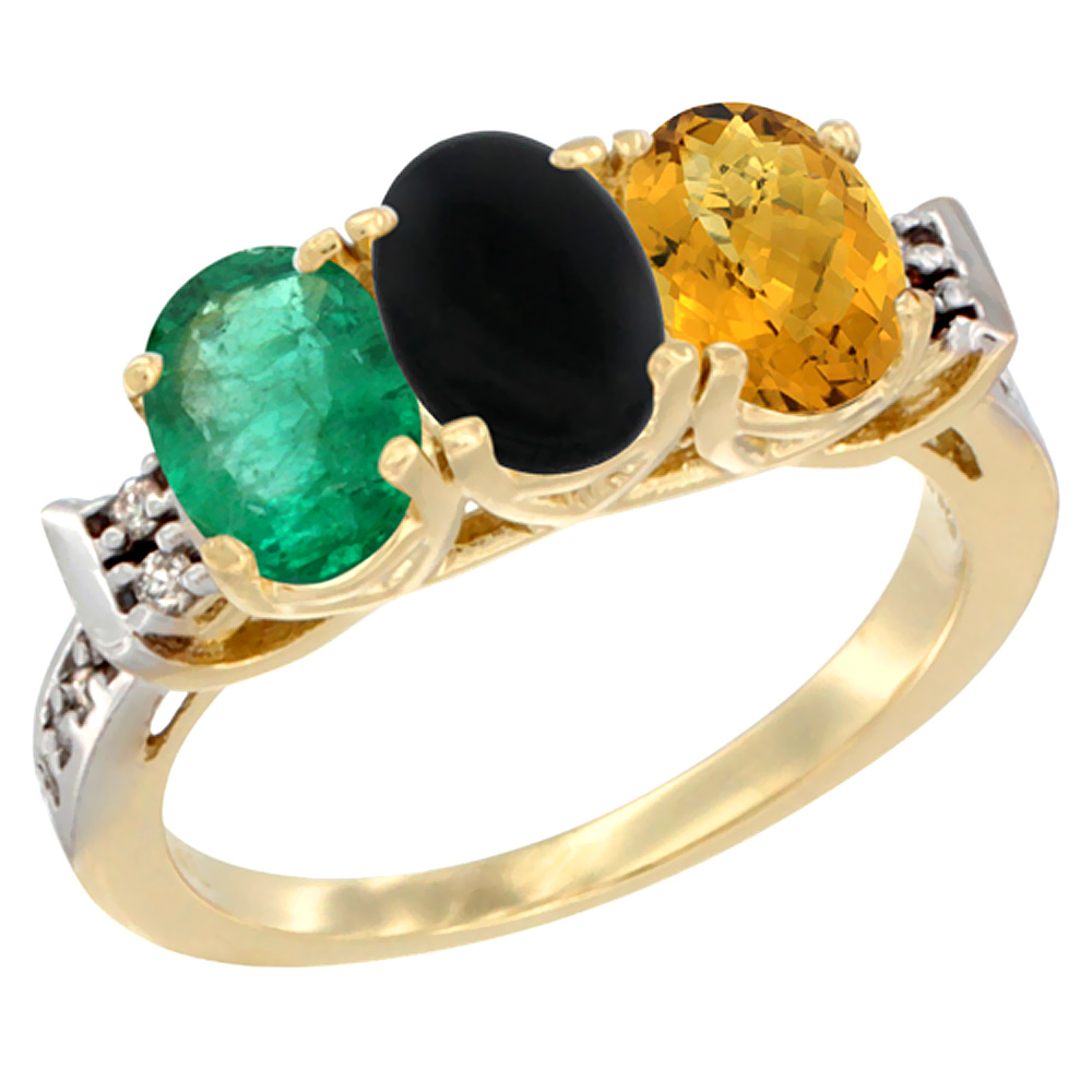 14K Yellow Gold Natural Emerald, Black Onyx &amp; Whisky Quartz Ring 3-Stone Oval 7x5 mm Diamond Accent, sizes 5 - 10
