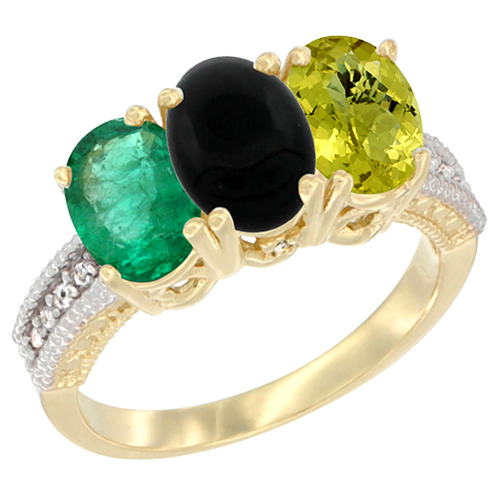 10K Yellow Gold Diamond Natural Emerald, Black Onyx & Lemon Quartz Ring 3-Stone 7x5 mm Oval, sizes 5 - 10