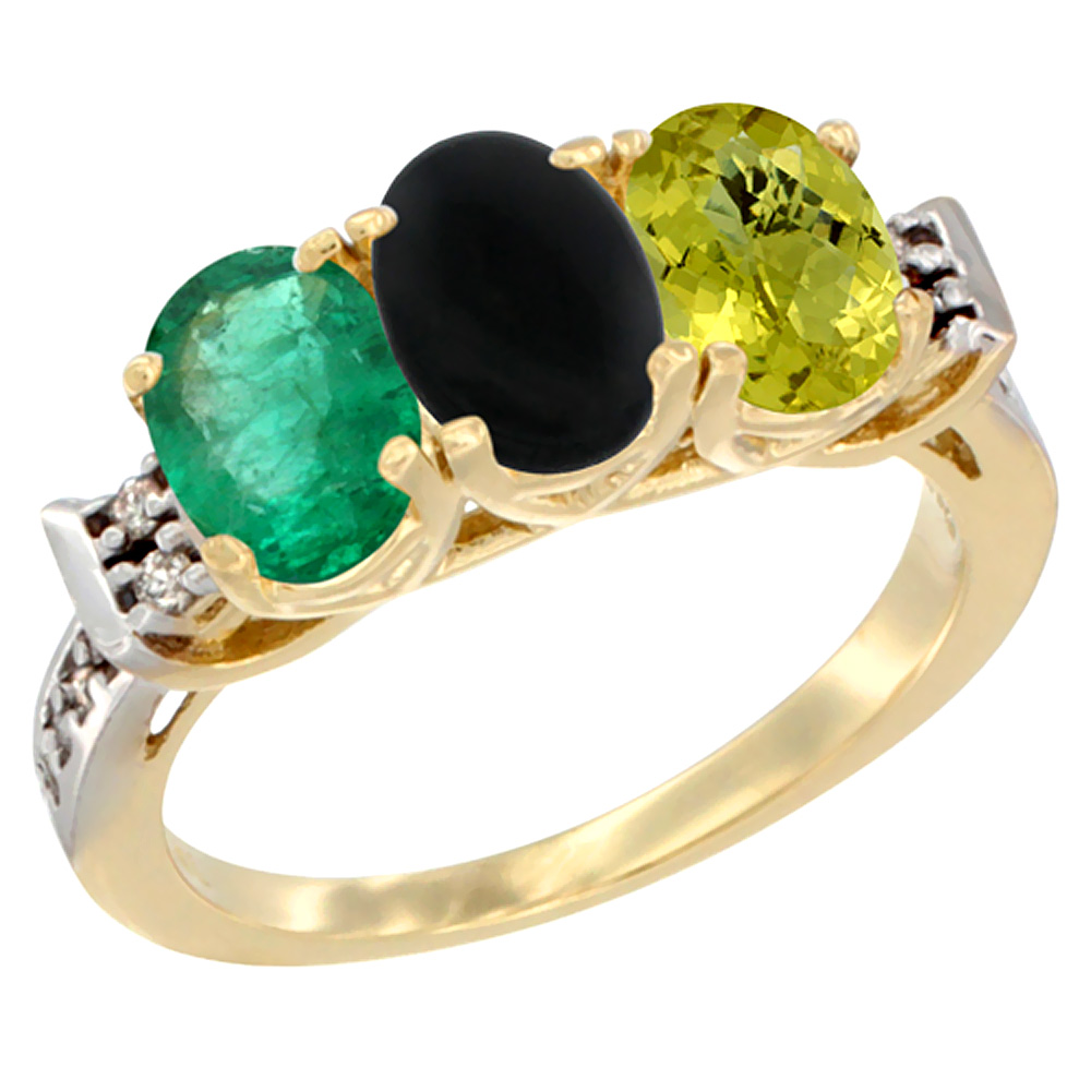 14K Yellow Gold Natural Emerald, Black Onyx &amp; Lemon Quartz Ring 3-Stone Oval 7x5 mm Diamond Accent, sizes 5 - 10