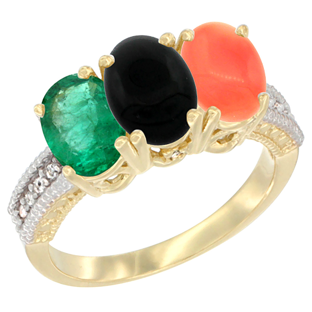 10K Yellow Gold Diamond Natural Emerald, Black Onyx & Coral Ring 3-Stone 7x5 mm Oval, sizes 5 - 10