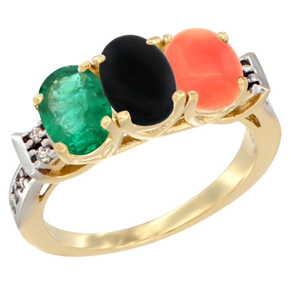 14K Yellow Gold Natural Emerald, Black Onyx &amp; Coral Ring 3-Stone Oval 7x5 mm Diamond Accent, sizes 5 - 10