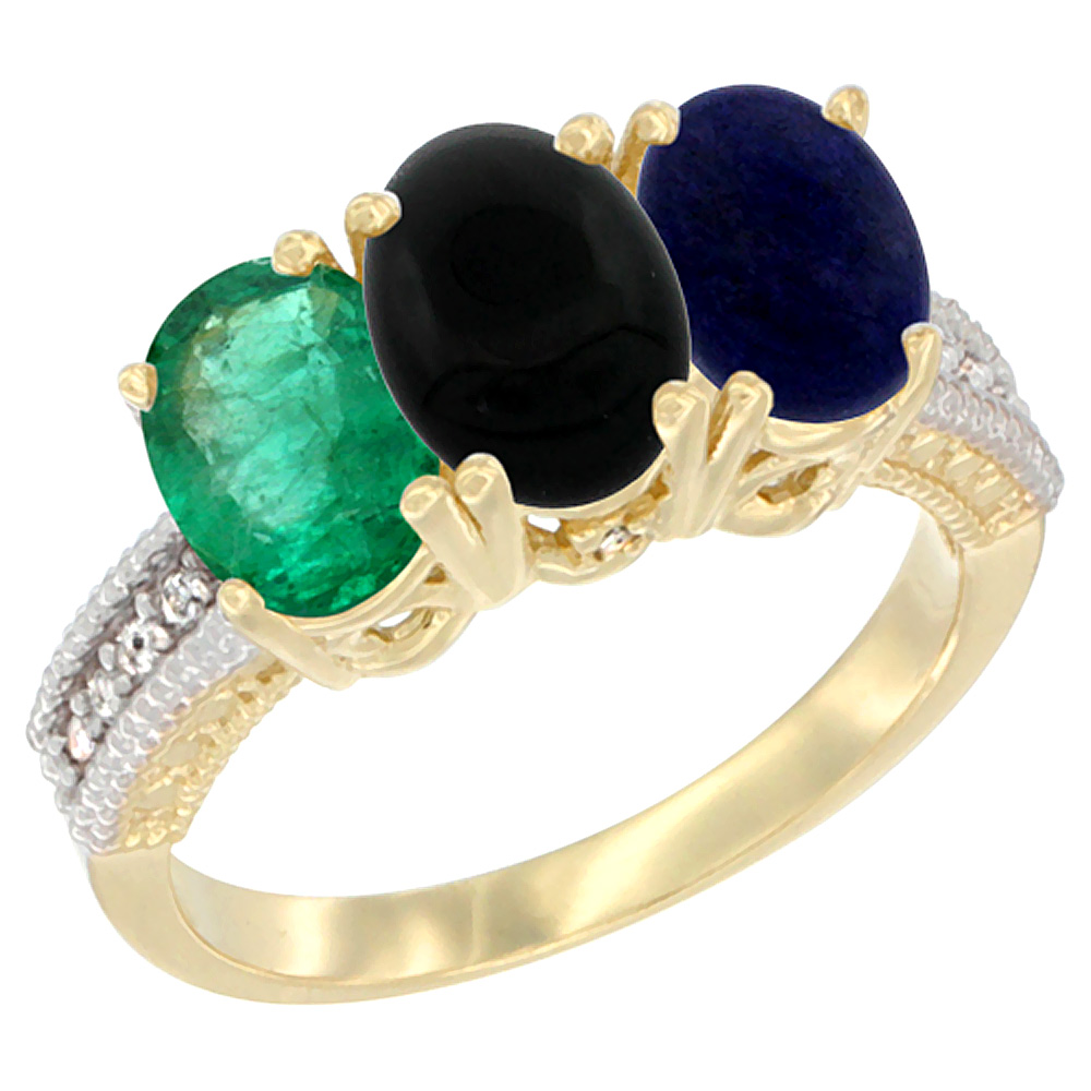 10K Yellow Gold Diamond Natural Emerald, Black Onyx & Lapis Ring 3-Stone 7x5 mm Oval, sizes 5 - 10