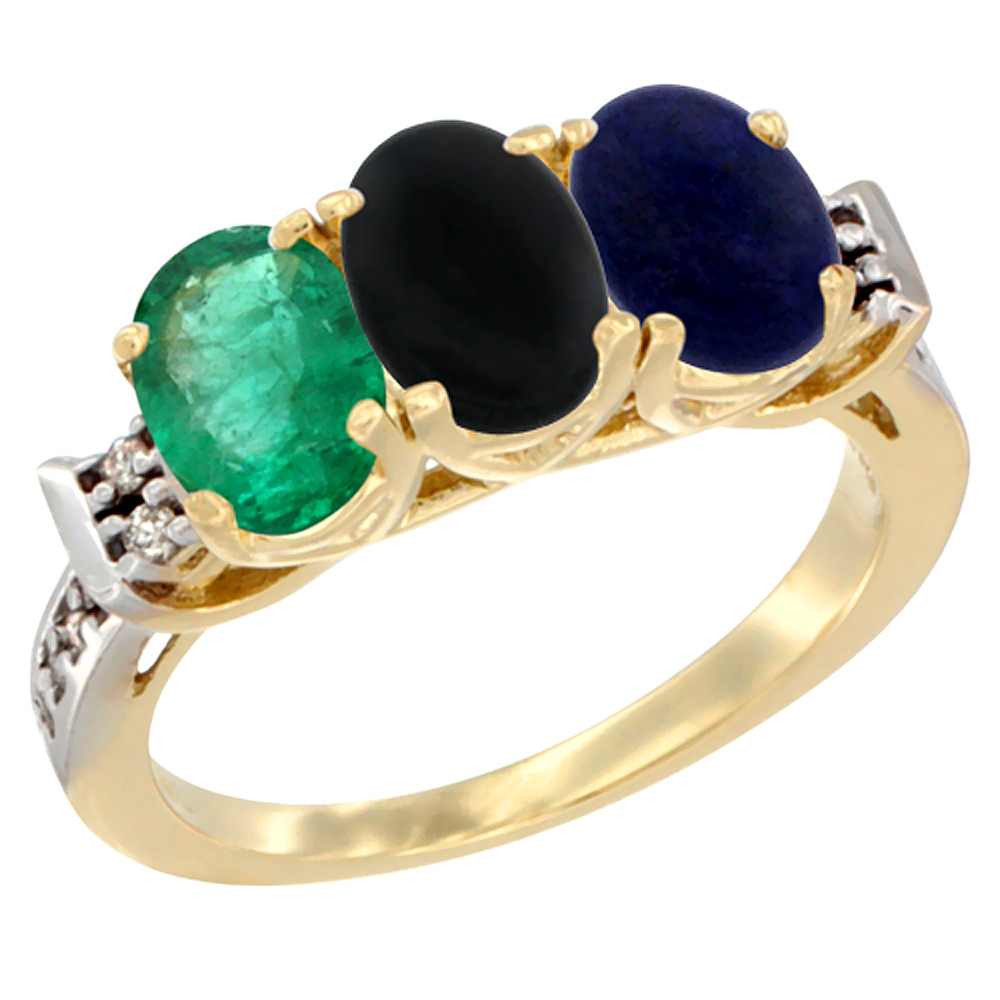 10K Yellow Gold Natural Emerald, Black Onyx & Lapis Ring 3-Stone Oval 7x5 mm Diamond Accent, sizes 5 - 10