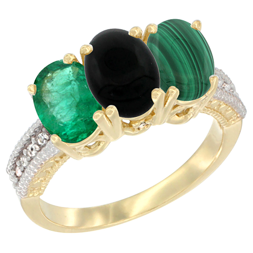 14K Yellow Gold Natural Emerald, Black Onyx & Malachite Ring 3-Stone 7x5 mm Oval Diamond Accent, sizes 5 - 10