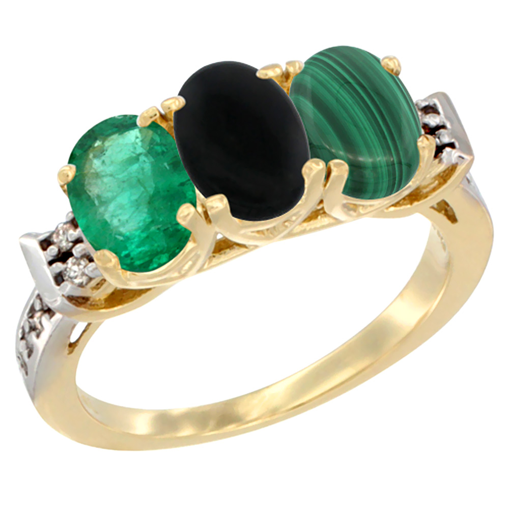 10K Yellow Gold Natural Emerald, Black Onyx &amp; Malachite Ring 3-Stone Oval 7x5 mm Diamond Accent, sizes 5 - 10