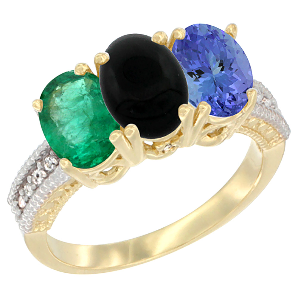 10K Yellow Gold Diamond Natural Emerald, Black Onyx & Tanzanite Ring 3-Stone 7x5 mm Oval, sizes 5 - 10