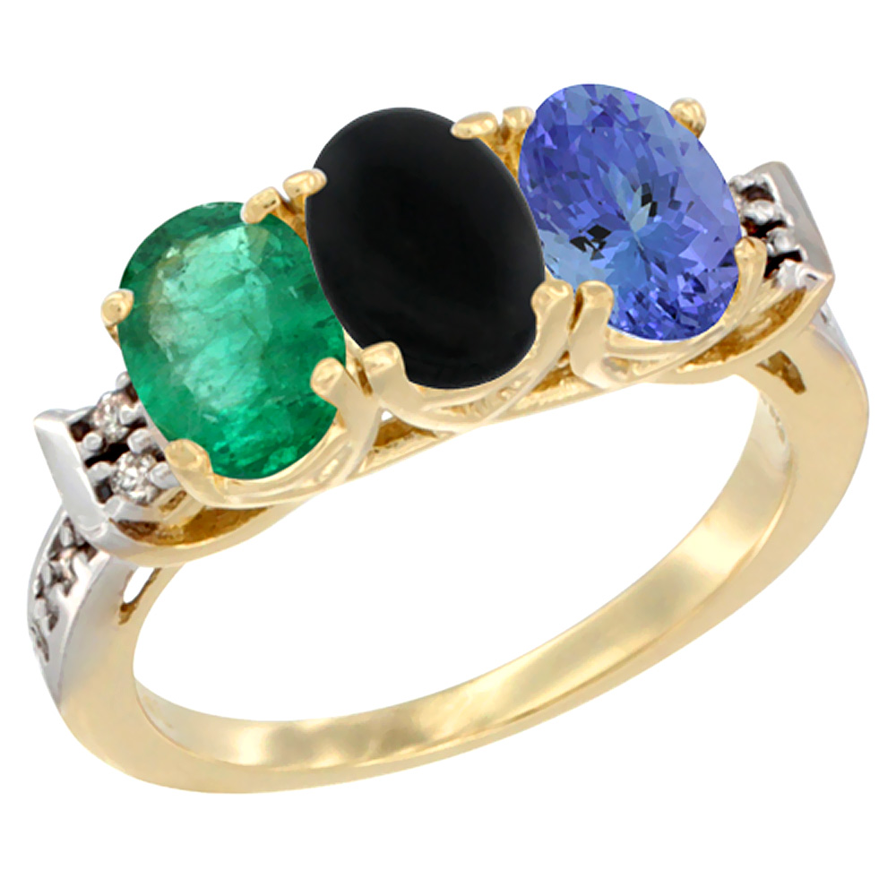 14K Yellow Gold Natural Emerald, Black Onyx &amp; Tanzanite Ring 3-Stone Oval 7x5 mm Diamond Accent, sizes 5 - 10