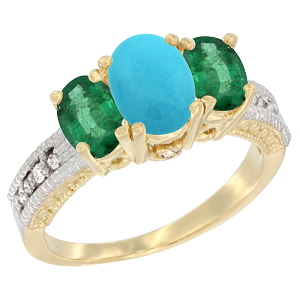 10K Yellow Gold Diamond Natural Turquoise Ring Oval 3-stone with Emerald, sizes 5 - 10