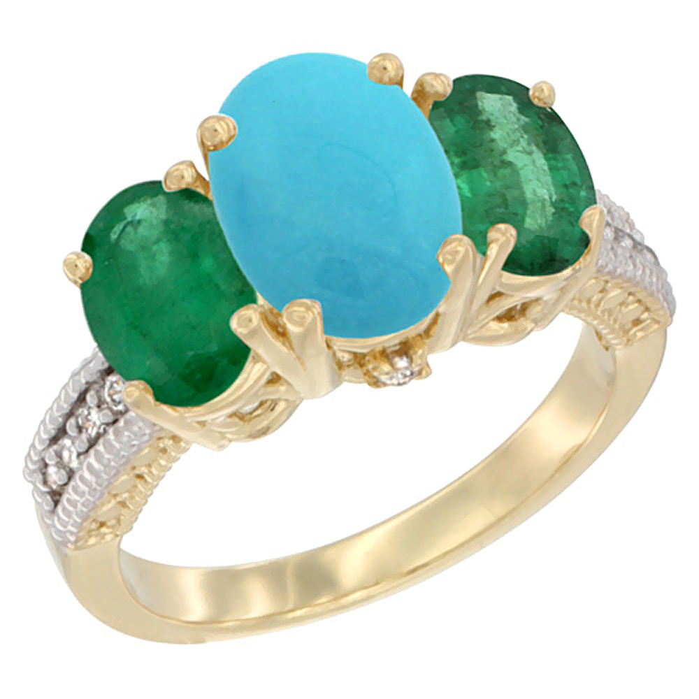 14K Yellow Gold Diamond Natural Turquoise Ring 3-Stone Oval 8x6mm with Emerald, sizes5-10