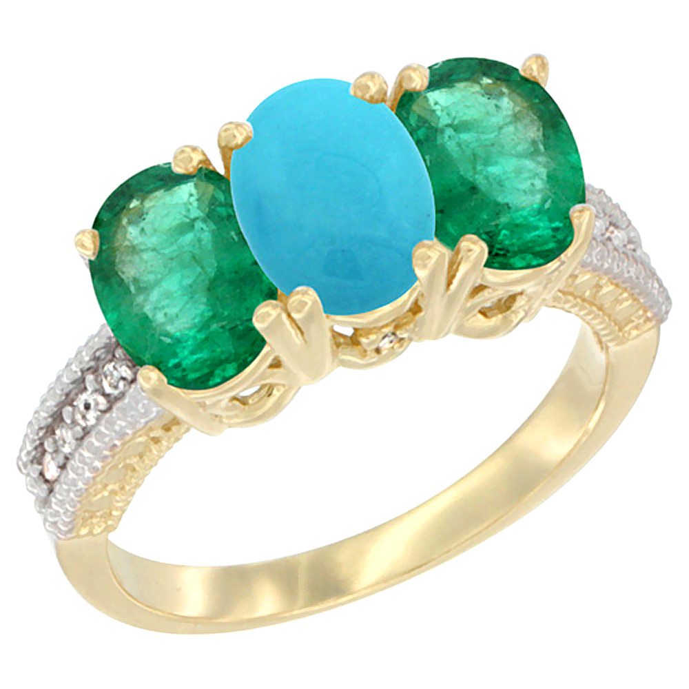 14K Yellow Gold Natural Turquoise & Emerald Sides Ring 3-Stone 7x5 mm Oval Diamond Accent, sizes 5 - 10