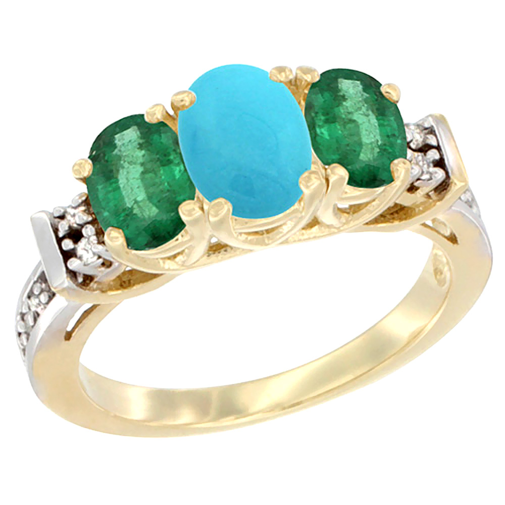 10K Yellow Gold Natural Turquoise &amp; Emerald Ring 3-Stone Oval Diamond Accent