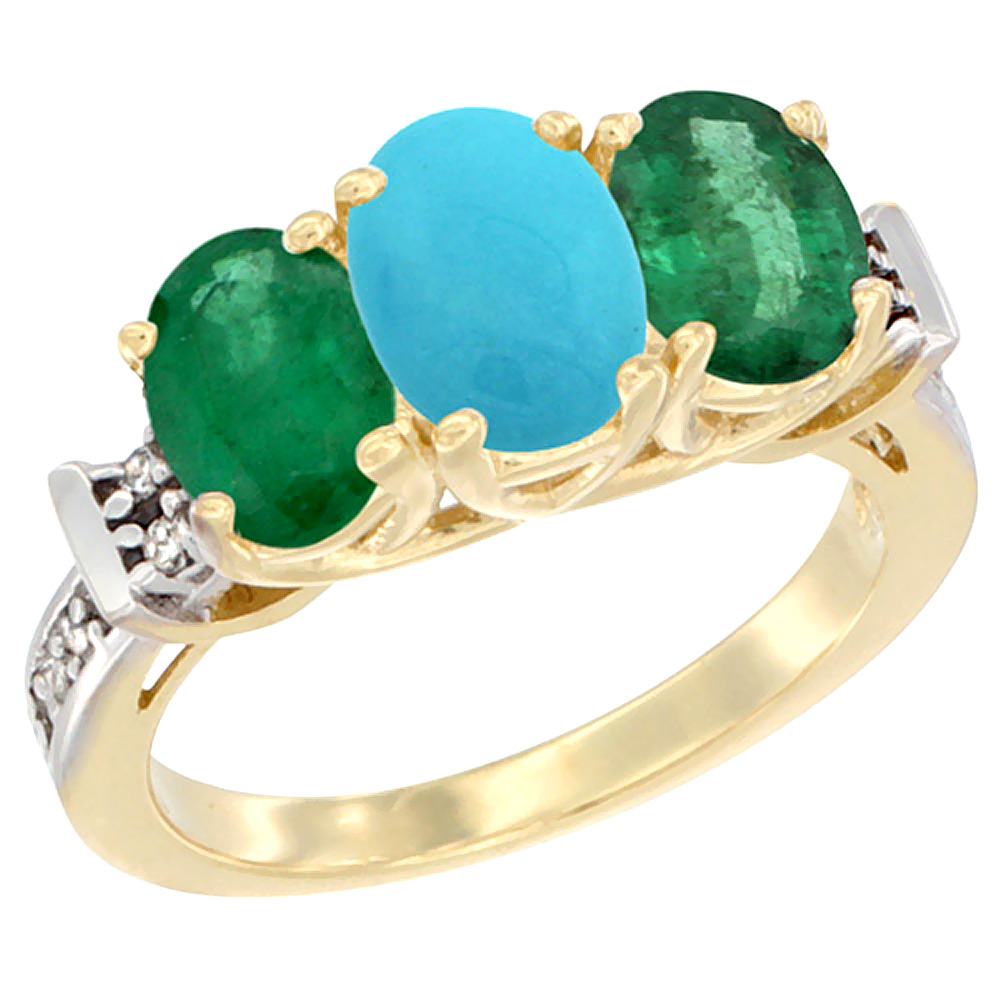 14K Yellow Gold Natural Turquoise & Emerald Sides Ring 3-Stone Oval Diamond Accent, sizes 5 - 10