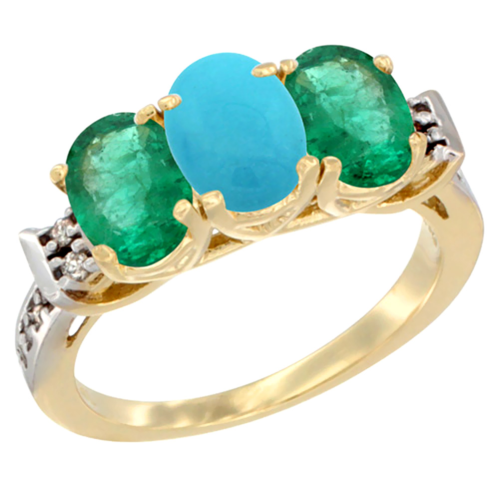 14K Yellow Gold Natural Turquoise &amp; Emerald Sides Ring 3-Stone Oval 7x5 mm Diamond Accent, sizes 5 - 10