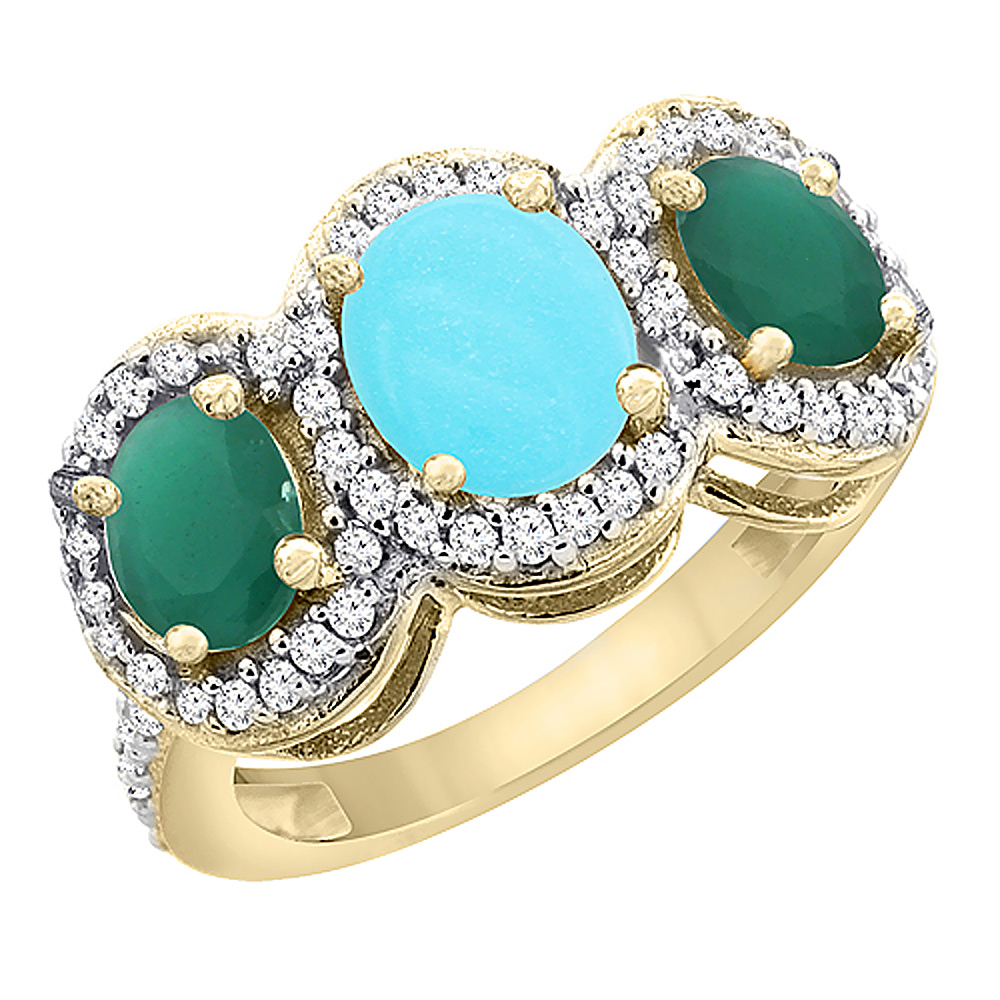 10K Yellow Gold Natural Turquoise & Emerald 3-Stone Ring Oval Diamond Accent, sizes 5 - 10