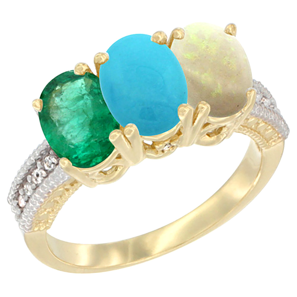 14K Yellow Gold Natural Emerald, Turquoise & Opal Ring 3-Stone 7x5 mm Oval Diamond Accent, sizes 5 - 10