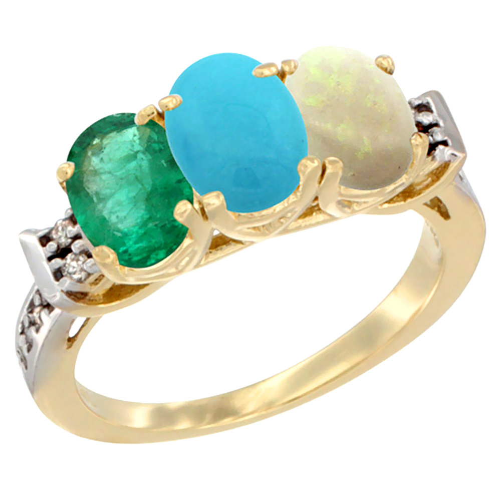 10K Yellow Gold Natural Emerald, Turquoise &amp; Opal Ring 3-Stone Oval 7x5 mm Diamond Accent, sizes 5 - 10