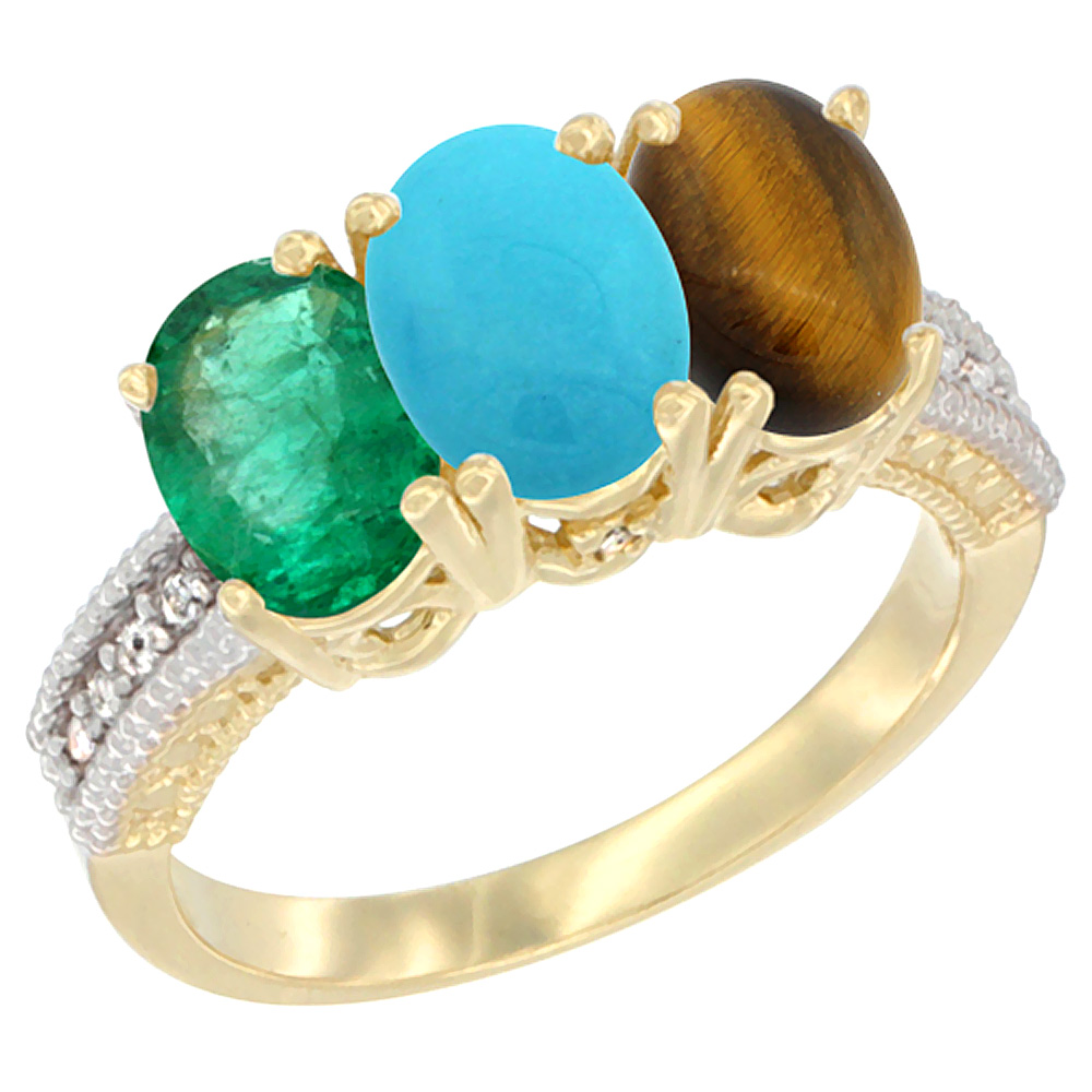 10K Yellow Gold Diamond Natural Emerald, Turquoise &amp; Tiger Eye Ring 3-Stone 7x5 mm Oval, sizes 5 - 10