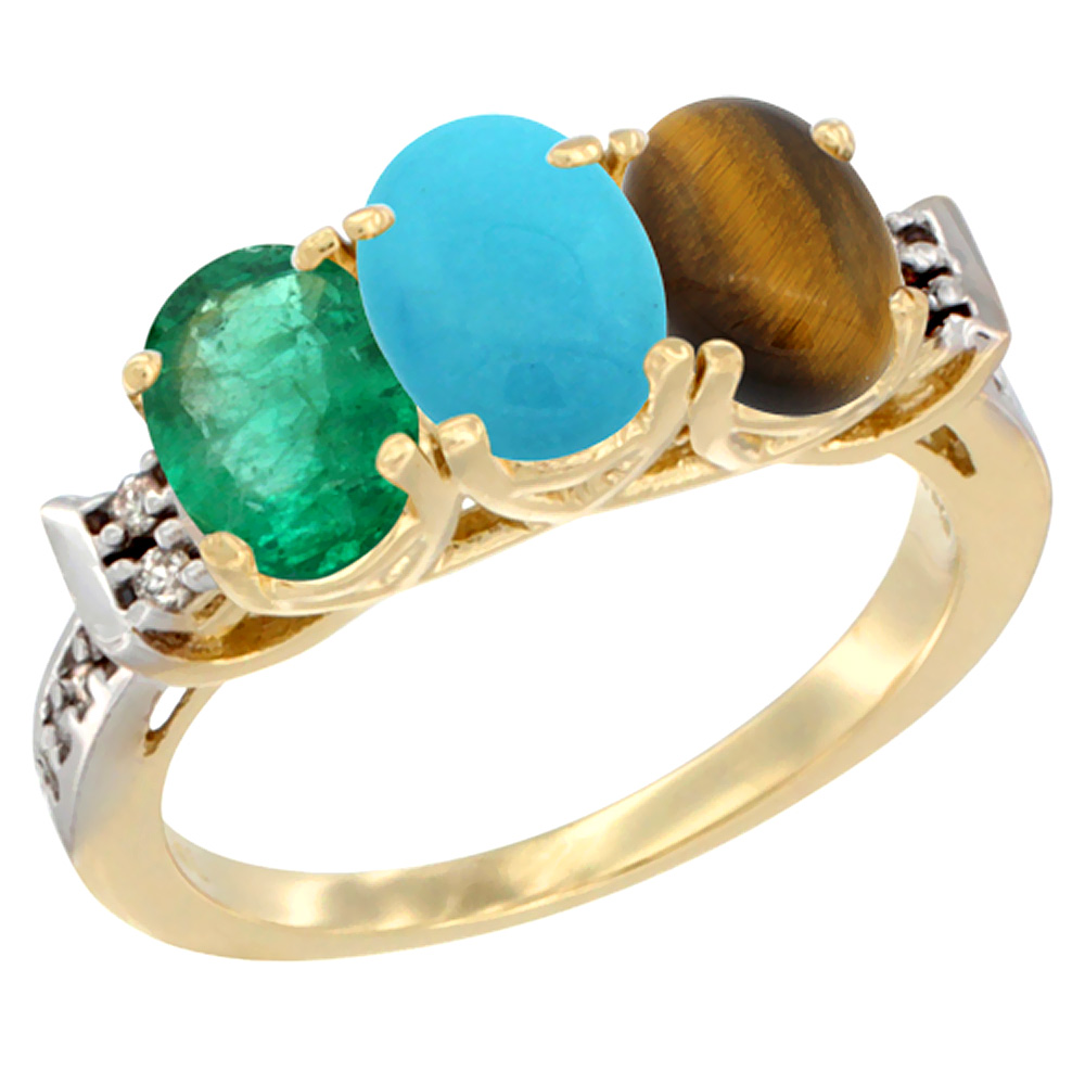 10K Yellow Gold Natural Emerald, Turquoise &amp; Tiger Eye Ring 3-Stone Oval 7x5 mm Diamond Accent, sizes 5 - 10