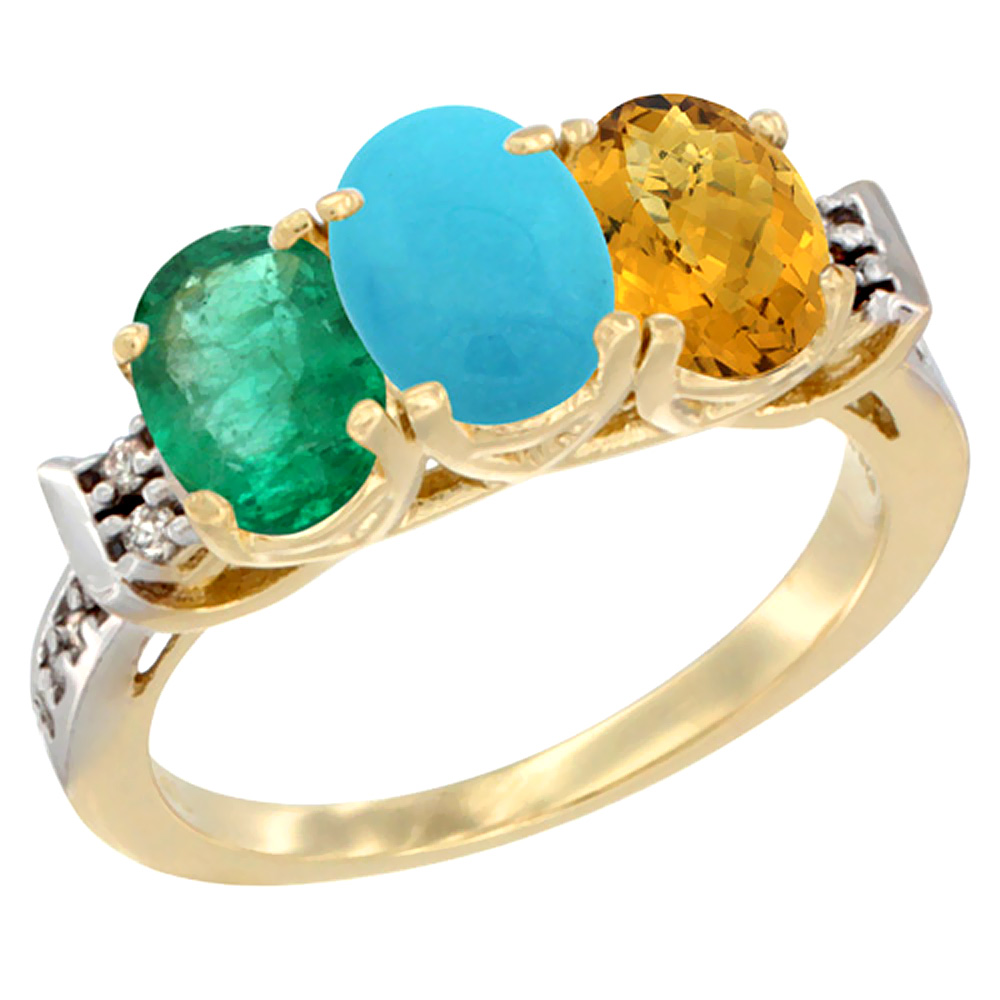 10K Yellow Gold Natural Emerald, Turquoise &amp; Whisky Quartz Ring 3-Stone Oval 7x5 mm Diamond Accent, sizes 5 - 10