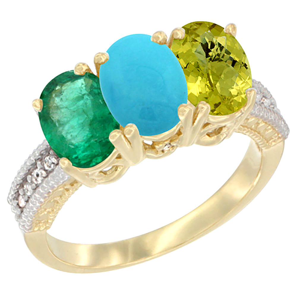 14K Yellow Gold Natural Emerald, Turquoise &amp; Lemon Quartz Ring 3-Stone 7x5 mm Oval Diamond Accent, sizes 5 - 10